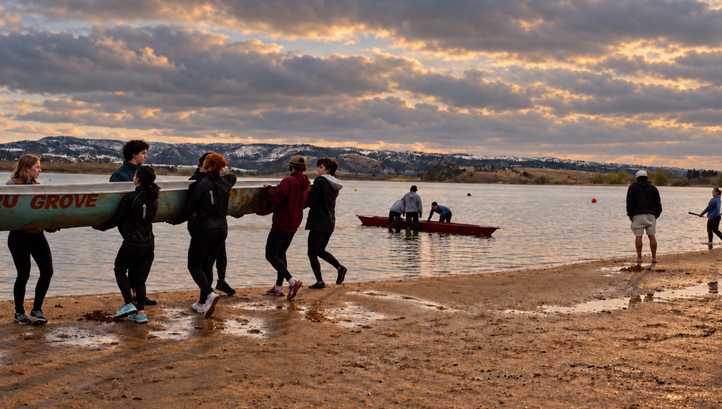 A team carries a concrete canoe toward a lake while another canoe floats near the shore.