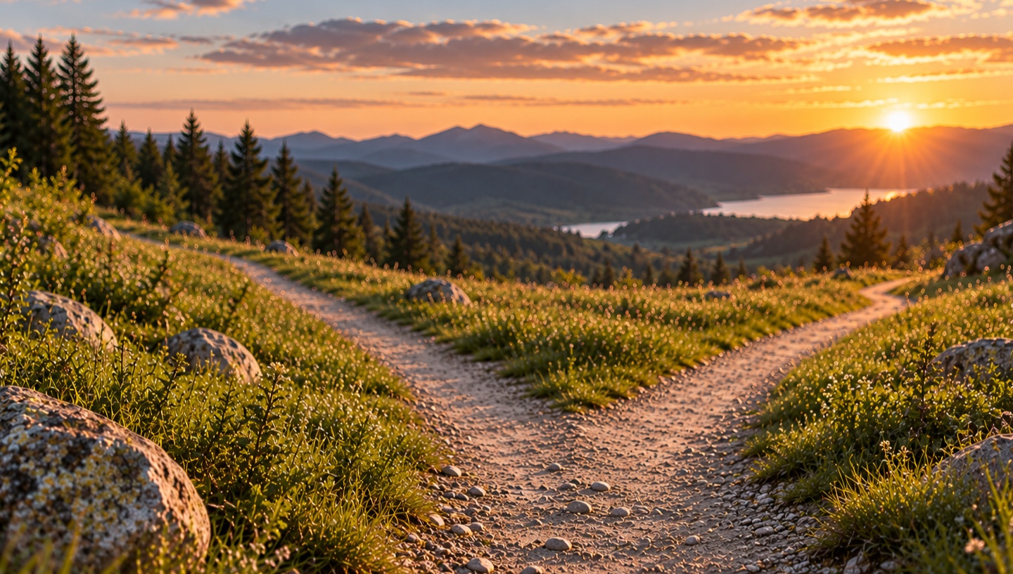 A mountain trail splits into two paths overlooking a lake at sunset.