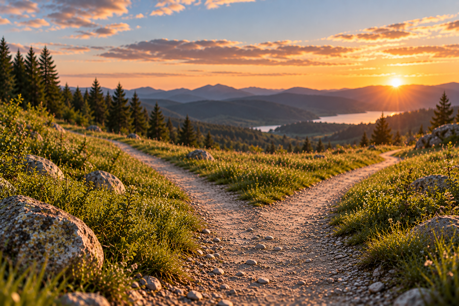 A mountain trail splits into two paths overlooking a lake at sunset.