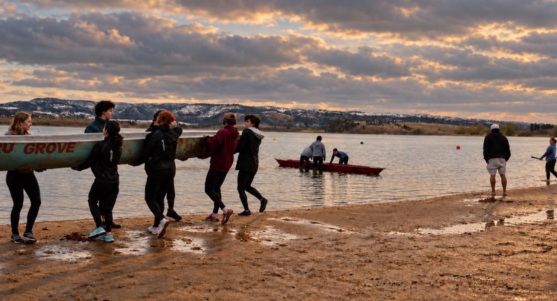 A team carries a concrete canoe toward a lake while another canoe floats near the shore.