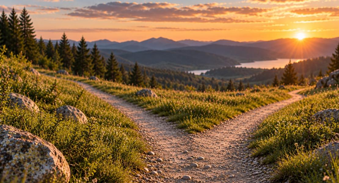 A mountain trail splits into two paths overlooking a lake at sunset.